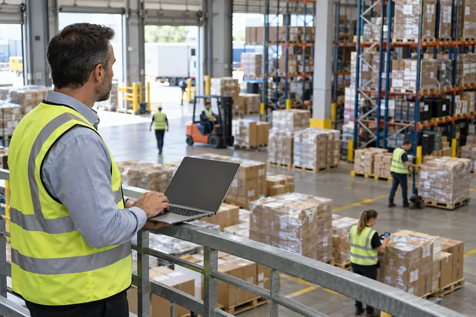 Software de gestión de almacenes mostrado en una tablet dentro de un almacén logístico